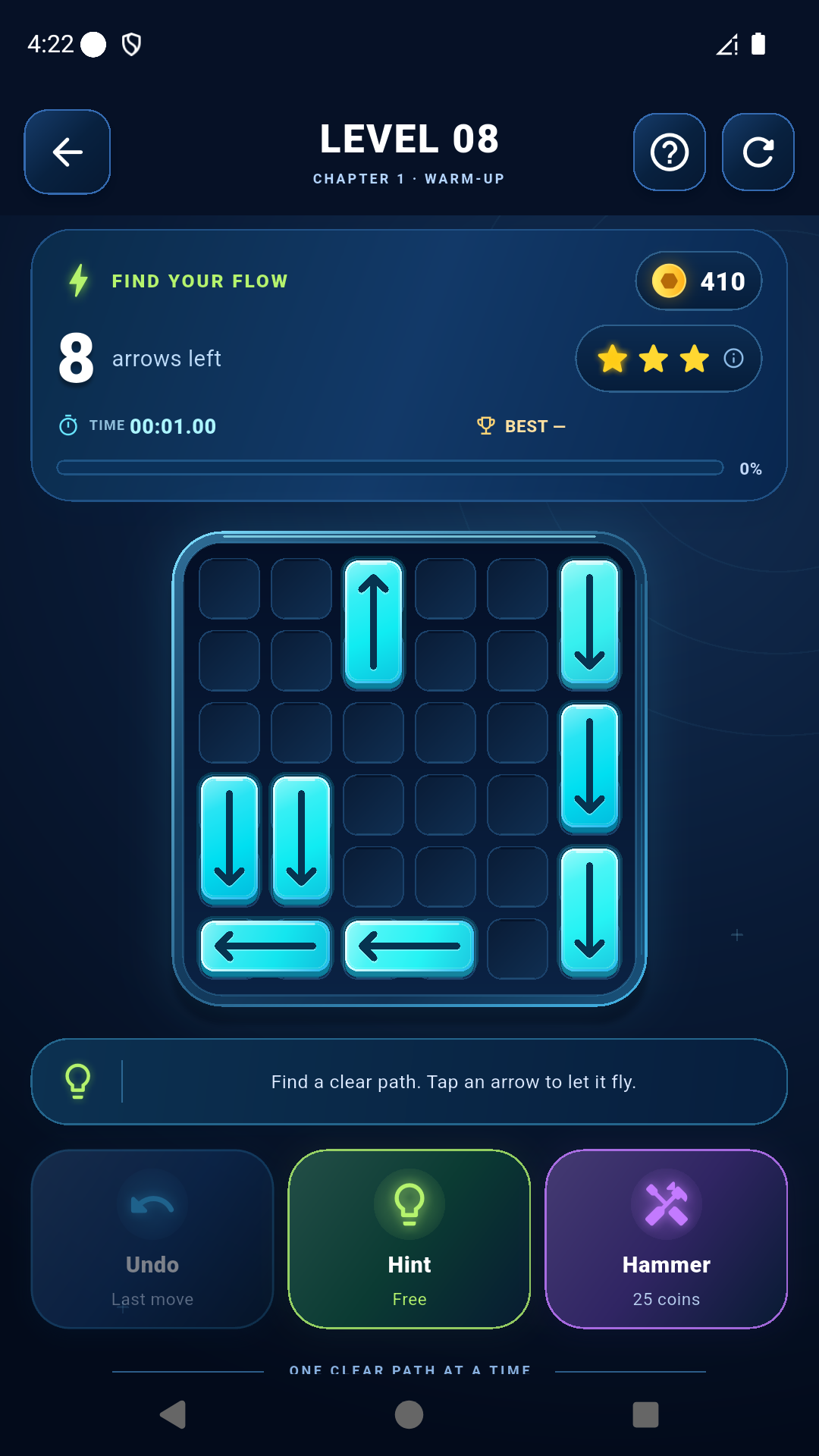 Arrow Flow level 8: cyan arrows on a dark puzzle board, with hint and undo controls